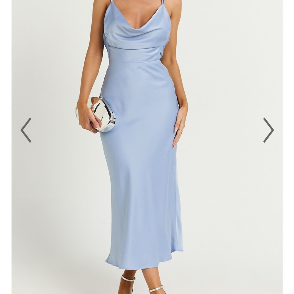 NWT Showpo size US6 cornflower blue cowlneck strappy satin-esque midi dress